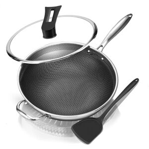 Bignosedeer Wok Non Stick Frying Pans 32cm Hybrid Stainless Steel Wok With Lid Spatula Stay Bignosedeer Wok Non Stick Frying Pans 32cm Hybrid Stainless Steel Wok With Lid Spatula Stay