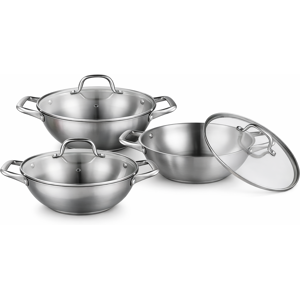 Royal Cuisine 6 Pcs Stainless Steel Wok Set 26cm 28cm 32cm–durable Deep Cooking Pans With Lids Royal Cuisine 6 Pcs Stainless Steel Wok Set 26cm 28cm 32cm–durable Deep Cooking Pans With Lids
