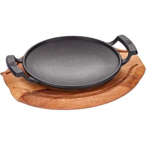 Cast Iron Sizzling Shallow Round Wok Casserole Dish With Wooden Base 20 Cm Dia. Cast Iron Sizzling Shallow Round Wok Casserole Dish With Wooden Base 20 Cm Dia.