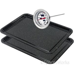 Universal 2 X Large Vitreous Enamel Non Stick Oven Baking Tray Raised Pan + Food Probe Universal 2 X Large Vitreous Enamel Non Stick Oven Baking Tray Raised Pan + Food Probe