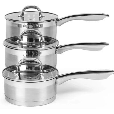 Salter Saucepan Set 3 Pc 16 18 & 20 Cm Stainless Steel With Vented Glass Lids Salter Saucepan Set 3 Pc 16 18 & 20 Cm Stainless Steel With Vented Glass Lids