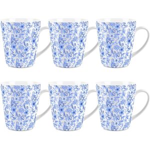 Purely Home Blue Swirl Floral Latte Mugs - Ceramic Coffee Cup Gift - Set Of 6 Purely Home Blue Swirl Floral Latte Mugs - Ceramic Coffee Cup Gift - Set Of 6