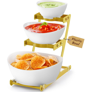 Branded 3 Tier Plastic Serving Bowls With Metal Stand, Chips And Dip Serving Tray Set Fo Branded 3 Tier Plastic Serving Bowls With Metal Stand, Chips And Dip Serving Tray Set Fo