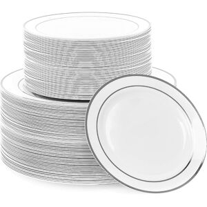 Matana - 120 Unbreakable Silver Rimmed Plastic Dinner & Dessert Plates 2 Sizes Matana - 120 Unbreakable Silver Rimmed Plastic Dinner & Dessert Plates 2 Sizes