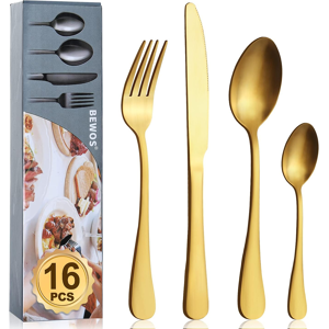 Cutlery Set, Bewos 16-Piece Stainless Steel Matt Gold Flatware Set, Tableware Si Cutlery Set, Bewos 16-Piece Stainless Steel Matt Gold Flatware Set, Tableware Si