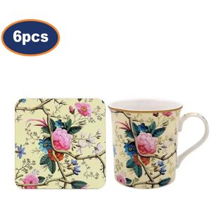 Lesser & Pavey Mugs & Coasters 6-Sets Cream Floral Kilburn Ceramic 350ml Coffee Cups Cork Pads Lesser & Pavey Mugs & Coasters 6-Sets Cream Floral Kilburn Ceramic 350ml Coffee Cups Cork Pads