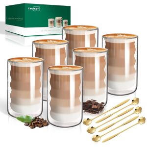 twoant Twoant 6 X 400ml Double Walled Glass Coffee Mugs With 6 Spoons,Cappuccino Latte twoant Twoant 6 X 400ml Double Walled Glass Coffee Mugs With 6 Spoons,Cappuccino Latte