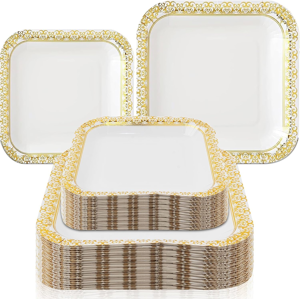Branded 100 Piece Gold Paper Party Plates Bulk, 50 X 9\" Dinner Plates And 50 X 7\" Desser Branded 100 Piece Gold Paper Party Plates Bulk, 50 X 9\" Dinner Plates And 50 X 7\" Desser