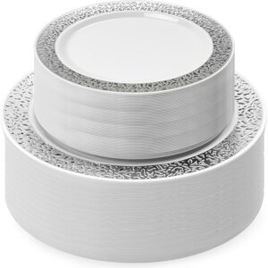 Matana 120 Premium White Reusable Plastic Plate Set With Silver Lace Rim Matana 120 Premium White Reusable Plastic Plate Set With Silver Lace Rim