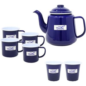 Dunlevy 7pc Drinkware Set Blue Enamel White Rim Steel Teapot Coffee Mug Tumbler Beverage Dunlevy 7pc Drinkware Set Blue Enamel White Rim Steel Teapot Coffee Mug Tumbler Beverage