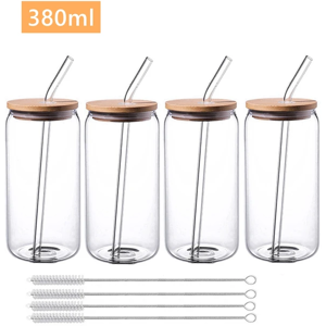 4 Pcs Drinking Jar Cup With Bamboo Straw Lids Set Reusable Kitchen Drinkware New 4 Pcs Drinking Jar Cup With Bamboo Straw Lids Set Reusable Kitchen Drinkware New