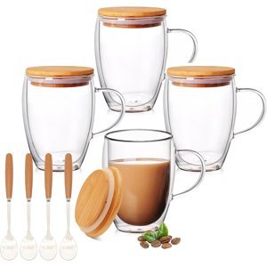 Does Not Apply 4 Pack 12oz Double Walled Glass Coffee Mugs With Bamboo Lid/spoon, Espresso Mu Does Not Apply 4 Pack 12oz Double Walled Glass Coffee Mugs With Bamboo Lid/spoon, Espresso Mu