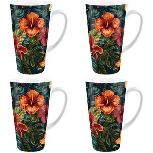 Purely Home Floral Tall Latte Mugs Set - Hibiscus Flowers Ceramic Coffee Cups Set Of 4 Gift Purely Home Floral Tall Latte Mugs Set - Hibiscus Flowers Ceramic Coffee Cups Set Of 4 Gift