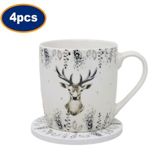 Mug & Coaster Set Harvey & Mason Christmas Silver Deer New Fine China Cup 4pcs Mug & Coaster Set Harvey & Mason Christmas Silver Deer New Fine China Cup 4pcs