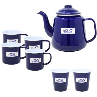 Dunlevy 7pc Drinkware Set Blue Enamel White Rim Steel Teapot Coffee Mug Tumbler Beverage Dunlevy 7pc Drinkware Set Blue Enamel White Rim Steel Teapot Coffee Mug Tumbler Beverage