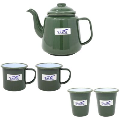 Dunlevy 5pcs Drinkware Set Green Enamel White Steel Teapot Coffee Mug Tumbler Beverage Dunlevy 5pcs Drinkware Set Green Enamel White Steel Teapot Coffee Mug Tumbler Beverage