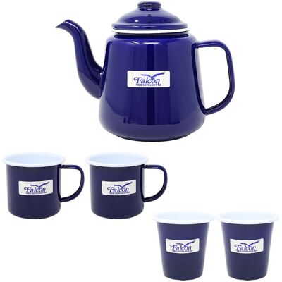 Dunlevy 5pc Drinkware Set Blue Enamel White Rim Steel Teapot Coffee Mug Tumbler Beverage Dunlevy 5pc Drinkware Set Blue Enamel White Rim Steel Teapot Coffee Mug Tumbler Beverage