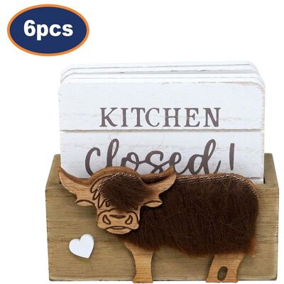 Sifcon Wooden Coasters & Holder Set Highland Cow Design Printed Sayings Drink Pads 6pcs Sifcon Wooden Coasters & Holder Set Highland Cow Design Printed Sayings Drink Pads 6pcs