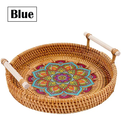 Creative Labs Round Rattan Woven Storage Tray Basket W/ Handle Fruit Snack Container Creative Labs Round Rattan Woven Storage Tray Basket W/ Handle Fruit Snack Container