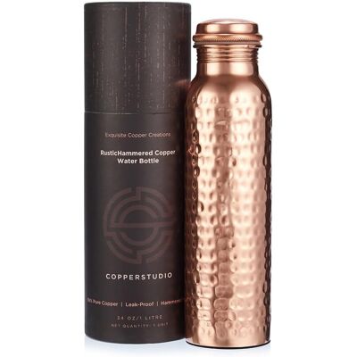 Copperstudio Rustic Hammered Copper Water Bottle- 1 Litre/34 Oz, Pure Copper Bottle With Lea Copperstudio Rustic Hammered Copper Water Bottle- 1 Litre/34 Oz, Pure Copper Bottle With Lea