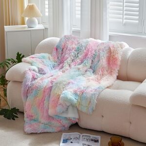 Wajade Blanket For Girl Large Colorful Rainbow Faux Fur Throw Super Soft Warm F Wajade Blanket For Girl Large Colorful Rainbow Faux Fur Throw Super Soft Warm F