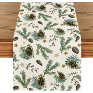 Branded Stars Leavses Pine Cone Christmas Table Runner, Seasonal Winter Merry Xmas Kitch Branded Stars Leavses Pine Cone Christmas Table Runner, Seasonal Winter Merry Xmas Kitch