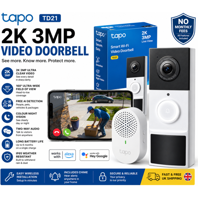 Tapo Td21 Wireless Video Doorbell 2k 3mp Camera With Chime Night Vision, Ip65 Tapo Td21 Wireless Video Doorbell 2k 3mp Camera With Chime Night Vision, Ip65