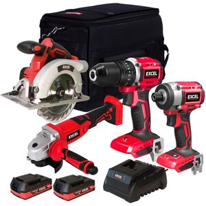 Excel 18v 4 Piece Power Tool Kit With 2 X 2.0ah Battery Charger Bag Exlkit-29301 Excel 18v 4 Piece Power Tool Kit With 2 X 2.0ah Battery Charger Bag Exlkit-29301
