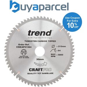 Trend Csb/ap21564 Tct Saw Blade For Aluminium Upvc Plastic 215mm 64t 30mm Bore Trend Csb/ap21564 Tct Saw Blade For Aluminium Upvc Plastic 215mm 64t 30mm Bore