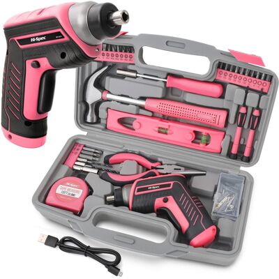 Hi-Spec 35pc Pink Tool Kit With 3 6v Usb Cordless Screwdriver Carry Case Home Diy Hi-Spec 35pc Pink Tool Kit With 3 6v Usb Cordless Screwdriver Carry Case Home Diy