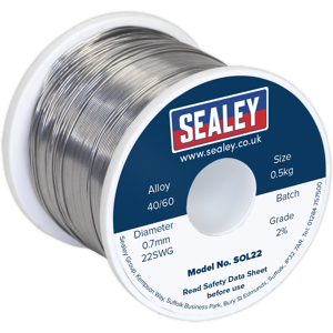 Solder Wire Quick Flow 2% 0.7mm/22swg 40/60.5kg Reel - Sealey Sol22 New Solder Wire Quick Flow 2% 0.7mm/22swg 40/60.5kg Reel - Sealey Sol22 New