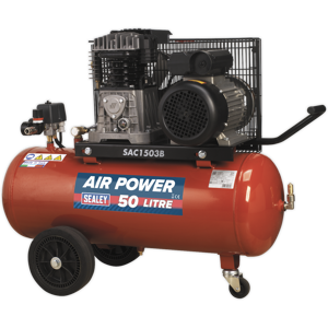 Compressor 50l Belt Drive 3hp With Cast Cylinders & Wheels - Sealey Sac1503b New Compressor 50l Belt Drive 3hp With Cast Cylinders & Wheels - Sealey Sac1503b New