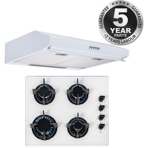 Sia 60cm 4 Burner White Gas On Glass Hob & Slim Visor Cooker Hood Extractor Fan Sia 60cm 4 Burner White Gas On Glass Hob & Slim Visor Cooker Hood Extractor Fan