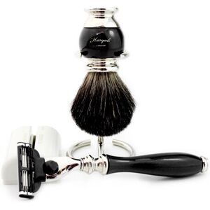 Haryali London Resin Handle Three Edge Razor, Black Hair Badger Brush & Metal Stand For Brushes Haryali London Resin Handle Three Edge Razor, Black Hair Badger Brush & Metal Stand For Brushes
