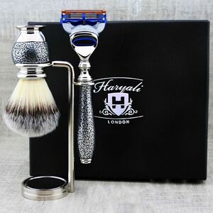 Haryali London Men Shaving Kit Synthetic Silver Tip Brush 5 Edge Razor Shaver Set Holder Stand Haryali London Men Shaving Kit Synthetic Silver Tip Brush 5 Edge Razor Shaver Set Holder Stand