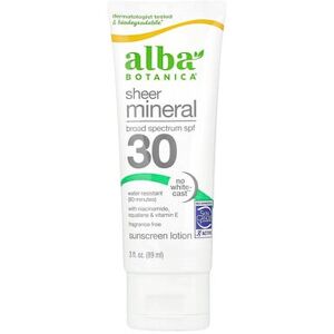 Alba Botanica, Sheer Mineral Sunscreen Lotion, SPF 30, Fragrance Free, 3 fl oz (89 ml) Alba Botanica, Sheer Mineral Sunscreen Lotion, SPF 30, Fragrance Free, 3 fl oz (89 ml)
