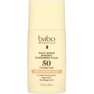 Babo Botanicals, Daily Sheer Mineral Sunscreen Fluid, SPF 50, Fragrance Free, 1.7 fl oz (50 ml) Babo Botanicals, Daily Sheer Mineral Sunscreen Fluid, SPF 50, Fragrance Free, 1.7 fl oz (50 ml)