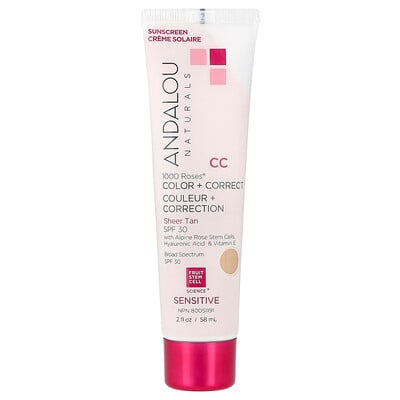 Andalou Naturals, 1000 Roses®, Color + Correct, Sensitive, SPF 30, Sheer Tan, 2 fl oz (58 ml) Andalou Naturals, 1000 Roses®, Color + Correct, Sensitive, SPF 30, Sheer Tan, 2 fl oz (58 ml)