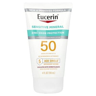 Eucerin Sensitive Mineral, Lightweight Sunscreen Lotion, SPF 50, 4 fl oz (118 ml) Eucerin Sensitive Mineral, Lightweight Sunscreen Lotion, SPF 50, 4 fl oz (118 ml)