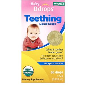 Ddrops, Baby, Organic Teething Liquid Drops, For Ages 3 Months+, 60 Drops, 0.06 fl oz (1.7 ml) Ddrops, Baby, Organic Teething Liquid Drops, For Ages 3 Months+, 60 Drops, 0.06 fl oz (1.7 ml)