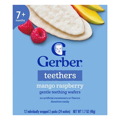 Gerber Teethers, Gentle Teething Wafers, 7+ Months, Mango Raspberry, 12 Individually Wrapped 2-Packs, 0.14 oz (4 g) Each Gerber Teethers, Gentle Teething Wafers, 7+ Months, Mango Raspberry, 12 Individually Wrapped 2-Packs, 0.14 oz (4 g) Each