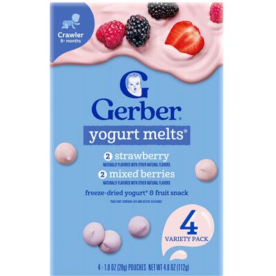 Gerber Yogurt Melts®, 8+ Months, Variety Pack, 4 Pack, 1 oz (28 g) Each Gerber Yogurt Melts®, 8+ Months, Variety Pack, 4 Pack, 1 oz (28 g) Each