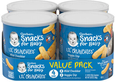 Gerber Snacks for Baby, Lil' Crunchies, Baked Grain Snack, 8+ Months, Mild Cheddar and Veggie Dip, 4 Canisters, 1.48 oz (42 g) Each