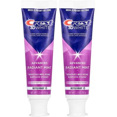 Crest, 3D White Advanced, Fluoride Anticavity Toothpaste, Radiant Mint, 2 Pack, 3.3 oz (93 g) Each Crest, 3D White Advanced, Fluoride Anticavity Toothpaste, Radiant Mint, 2 Pack, 3.3 oz (93 g) Each