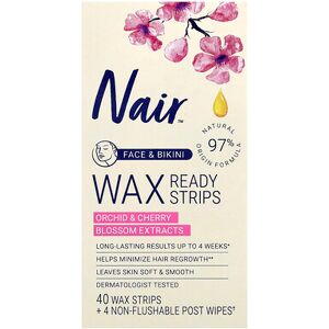 Nair, Wax Ready Strips, Face & Bikini, Orchid & Cherry Blossom Extracts, 40 Wax Strips + 4 Post Wipes Nair, Wax Ready Strips, Face & Bikini, Orchid & Cherry Blossom Extracts, 40 Wax Strips + 4 Post Wipes