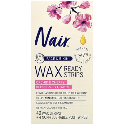 Nair, Wax Ready Strips, Face & Bikini, Orchid & Cherry Blossom Extracts, 40 Wax Strips + 4 Post Wipes Nair, Wax Ready Strips, Face & Bikini, Orchid & Cherry Blossom Extracts, 40 Wax Strips + 4 Post Wipes