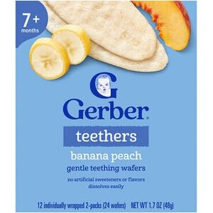 Gerber Teethers, Gentle Teething Wafers, 7+ Months, Banana Peach, 12 Individually Wrapped 2-Packs, 0.14 oz (4 g) Each Gerber Teethers, Gentle Teething Wafers, 7+ Months, Banana Peach, 12 Individually Wrapped 2-Packs, 0.14 oz (4 g) Each