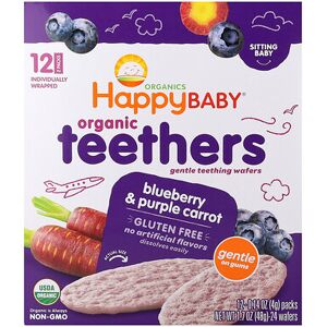 Happy Family Organics, Happy Baby®, Organic Teethers, Gentle Teething Wafers, Blueberry & Purple Carrot, 12 Packs, 0.14 oz (4 g) Each Happy Family Organics, Happy Baby®, Organic Teethers, Gentle Teething Wafers, Blueberry & Purple Carrot, 12 Packs, 0.14 oz (4 g) Each