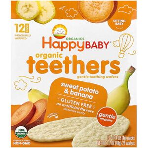 Happy Family Organics, Happy Baby®, Organic Teethers, Gentle Teething Wafers, Sweet Potato & Banana, 12 Packs, 0.14 oz (4 g) Each Happy Family Organics, Happy Baby®, Organic Teethers, Gentle Teething Wafers, Sweet Potato & Banana, 12 Packs, 0.14 oz (4 g) Each