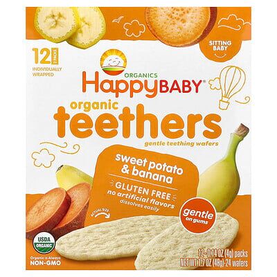 Happy Family Organics, Happy Baby®, Organic Teethers, Gentle Teething Wafers, Sweet Potato & Banana, 12 Packs, 0.14 oz (4 g) Each Happy Family Organics, Happy Baby®, Organic Teethers, Gentle Teething Wafers, Sweet Potato & Banana, 12 Packs, 0.14 oz (4 g) Each